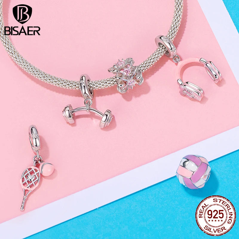 BISAER 925 Sterling Silver Pink Headphone Charm Bead Tennis Volleyball Barbell Pendant For Women Girl DIY Bracelets Fine Jewelry