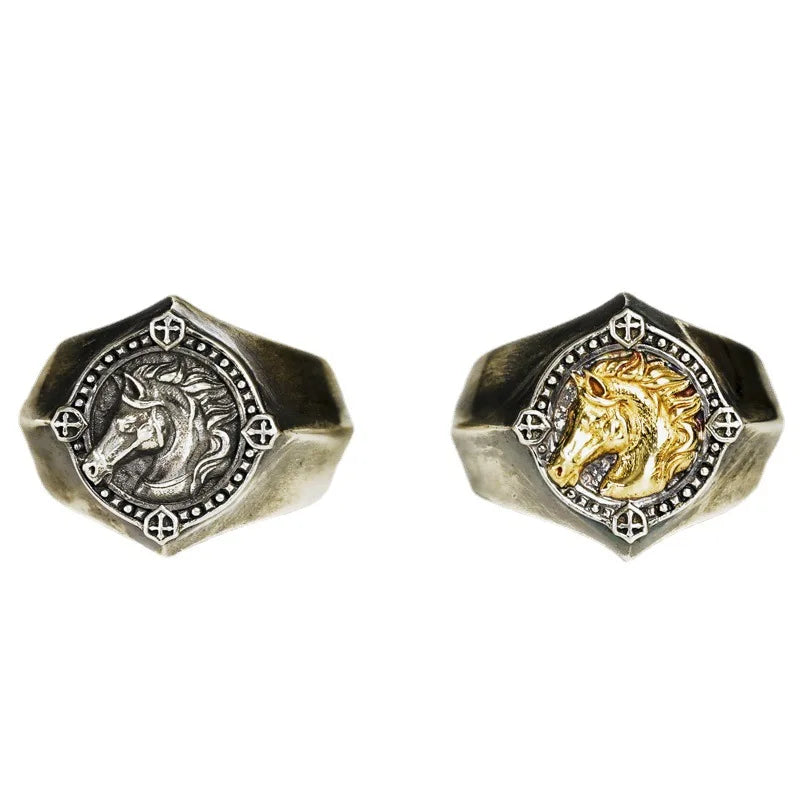 Retro War Horse Ring For Men Punk Gothic Rock Hiphop Open Ring Handmade Designer Unisex Jewelry Biker Accessories Lover Gift