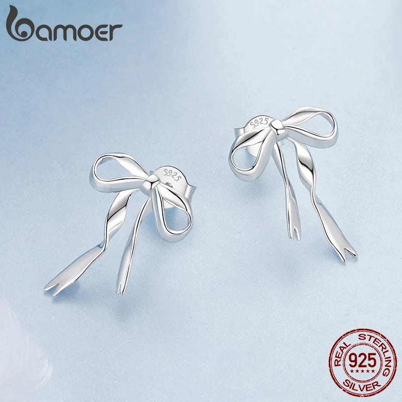 BAMOER Solid 925 Sterling Silver Bow Stud Earrings for Women Bowknot Jewelry Simple Earrings BSE1172