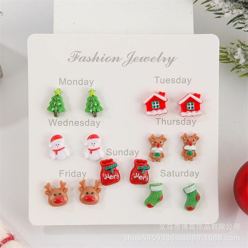6-12 Pair Christmas Earrings For Women Xmas Tree Elk Snowman Santa Claus Snowflake Stud Earring Set New Year Party Jewelry Gift
