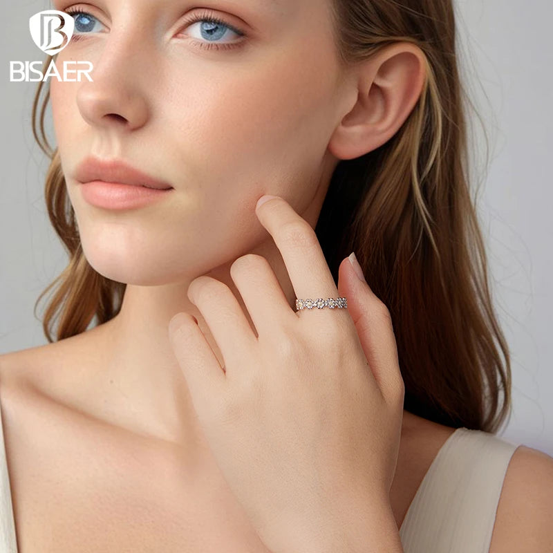 BISAER 925 Sterling Silver Daisy Open Ring Fresh Flower Statement Band Adjustable Plated White Gold for Women Party Fine Jewelry