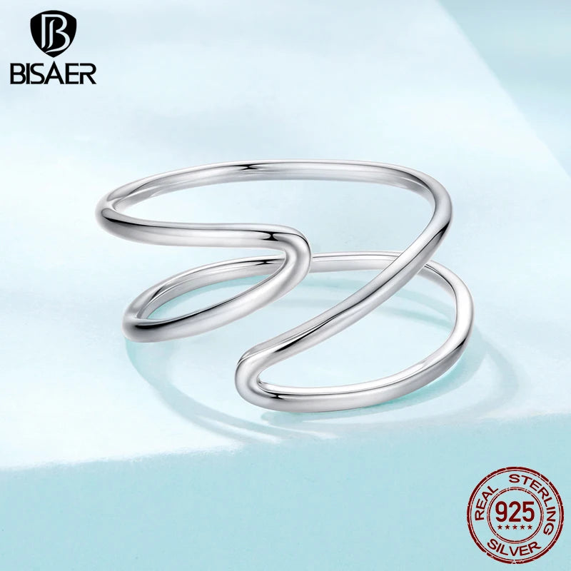 BISAER 925 Sterling Silver Double Cross Open Ring Minimalist Stackable Eternity Band for Women Party Fine Jewelry ECR1159-E