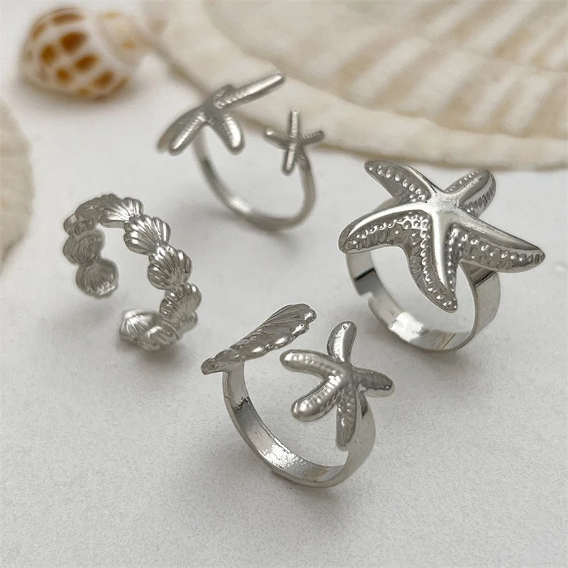 Bohemia Starfish Ring Set for Women Gold Color Sun Sea Shell Geometric Opening Adjustable Finger Rings Vacation Beach Jewelry