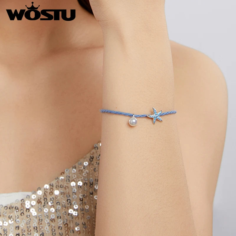 WOSTU 925 Sterling Silver Fashion Blue Starfish Pearl Bracelet Adjustable Braided Rope Bracelets Women Fine Ocean Jewelry Gift