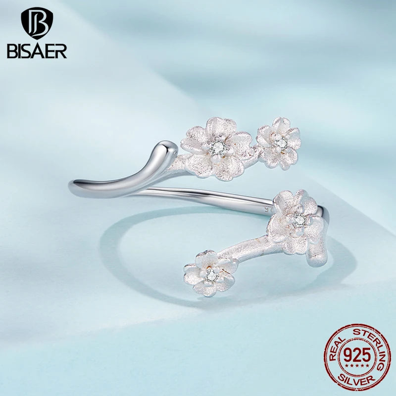 BISAER 925 Sterling Silver Plum Blossom Open Ring Flower Adjustable Band Plated White Gold for Women Party Original Fine Jewelry