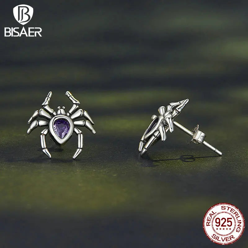 BISAER Véritable 925 Sterling Silver Spider Open Ring E-Boucles d'oreilles Ensembles de bijoux pour animaux pour femmes Fête Halloween Cadeau Bijoux fins