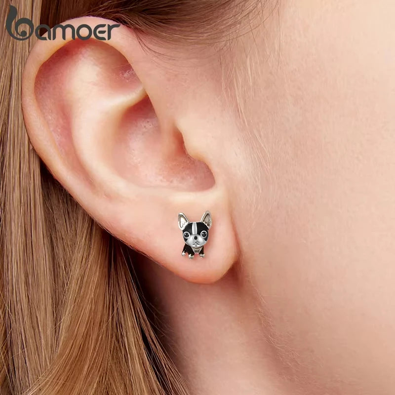 BAMOER 925 Sterling Silver French Bulldog Earrings for Women Girls, Animal Theme Jewelry Earrings for Pet Lovers SCE1877