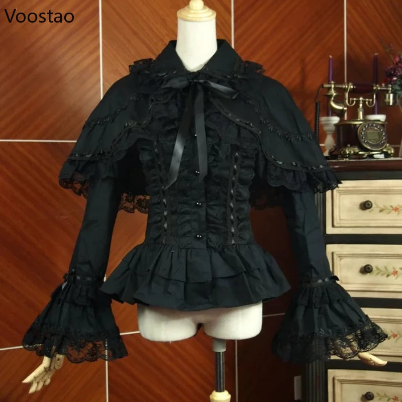 Gothic Y2k Lolita Style Cloak Shirts Japanese Women Lace Ruffles Flare Long Sleeves Blouse Female Victorian Vintage Slim Tops