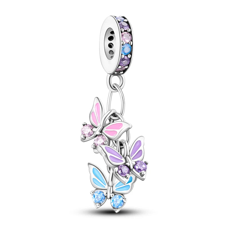 Springtime 925 Silver Gem Butterfly Dragonfly Flowers Charms Pendant Fit Pandach 925 Original Bracelets DIY Little Fresh Jewelry