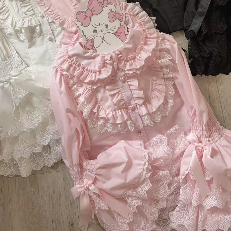 Japanese Sweet Lolita Style Blouses Women Cute Lace Peter Pan Collar Bow Flare Long Sleeve Gothic Shirts Female Kawaii Y2k Tops