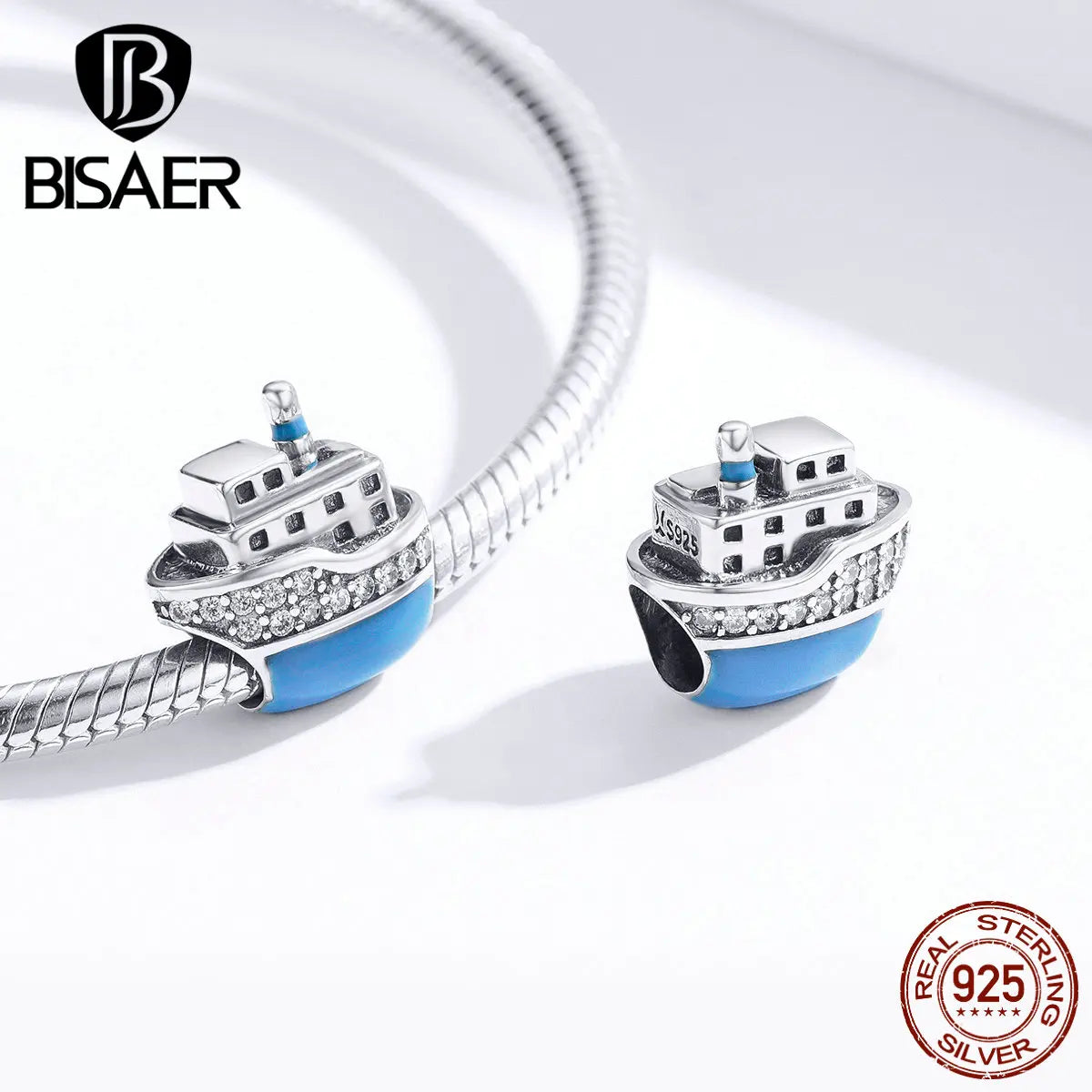 BISAER 925 Argent Sterling Bleu Mer Breloque Perles Géant Bateau Sirène Pendentif Pour Femmes Bracelet Collier Bijoux À Faire Soi-Même Cadeau De Plage