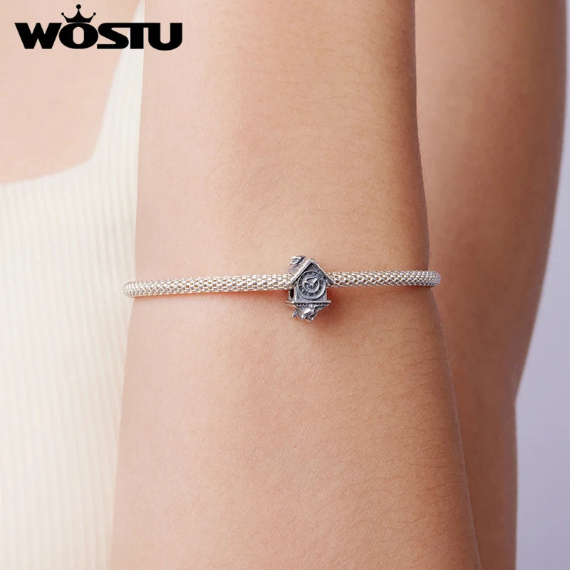WOSTU Retro 925 Sterling Silver Cuckoo Clock Charm Vintage House Clock Beads Fit Original Bracelet Jewelry Making DIY Gift