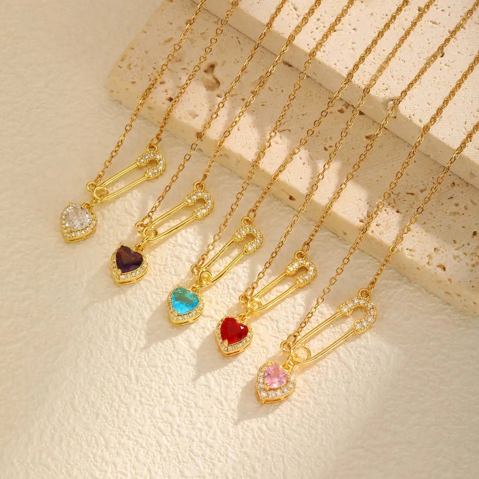 Vnox Dainty Stainless Steel Zircon Heart U-shape Necklace For Women,Creative Love Colored Stone Pendant,Aesthetic Jewelry Neck
