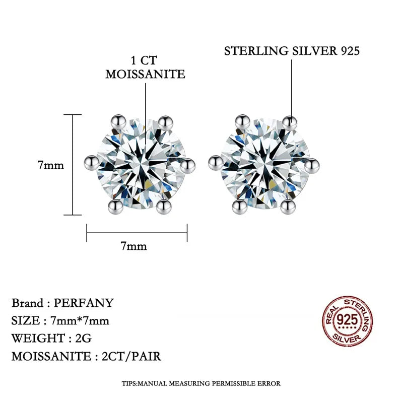 PERFANY 0.2-2CT Moissanite Earrings For Women S925 Pure Silver Classic Six Claw Shiny Laboratory Diamond Wedding Jewelry