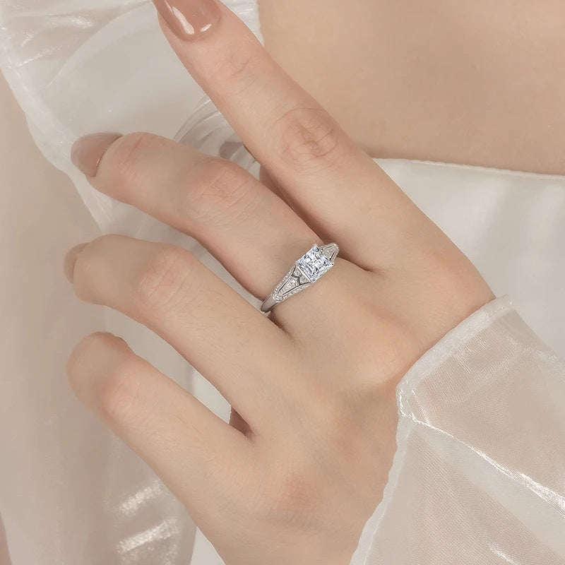 PERMANY 1-2CT Princess Square Cut Moissanite Ring for Women S925 Pure Silver Laboratory Diamond Wedding Fashion Jewelry ﻿