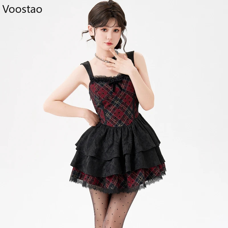 Y2k Aesthetic Elegant 2 Piece Set Women Lolita Style Knitted Cardigan Red Black Plaid Cake Dresses Suit Fashion Gothic Outfits