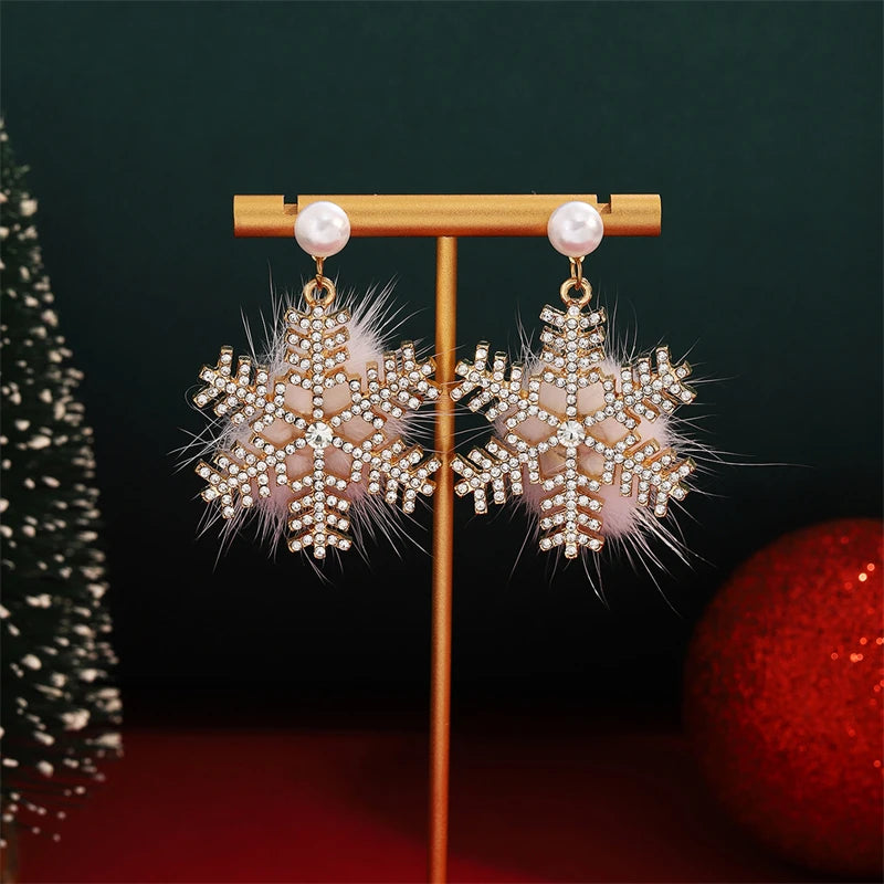 Lovely Zircon Snowflake Pearl Charm Earring For Women Christmas Flocking Hairball Bowknot Stud Earrings New Year Party Jewelry