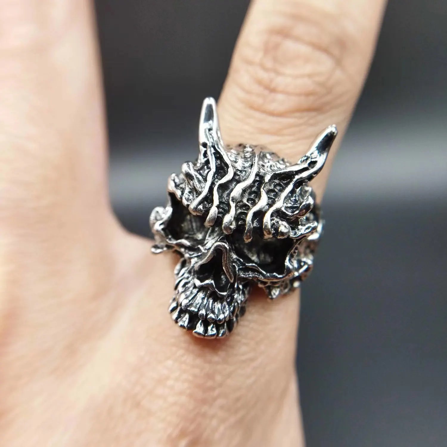 Retro Dark Rakshasa Skull Ring For Men Punk Gothic Rock Hiphop Open Ring Biker Accessories Handmade Designer Jewelry Unisex Gift