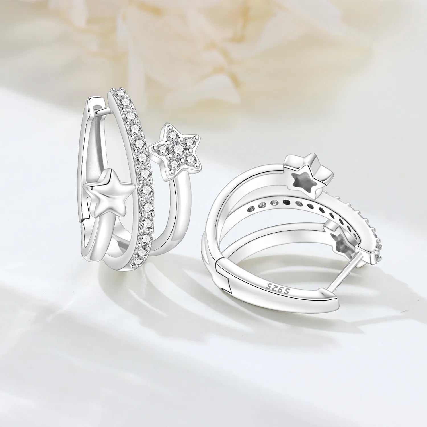 PANPOKI S925 Sterling Silver French Three-layer Star Earrings Versatile Hoop Earrings For Women Jewelry Original Party Gifts
