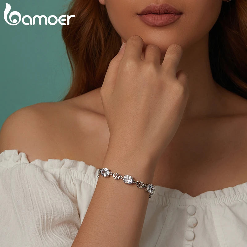 BAMOER White Gold Plated Sparkling Cubic Zirconia Classic Star and Moon Bracelet, Gold Bracelets for Women Fashion Jewelry