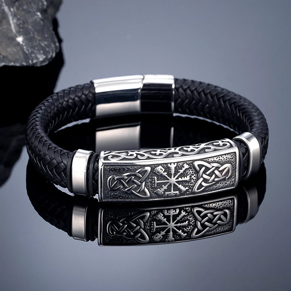 MKENDN Punk Viking Style Stainless Steel Compass Norse Runes Amulet Beads Braided Blue Leather Bracelet Homme Pulseras