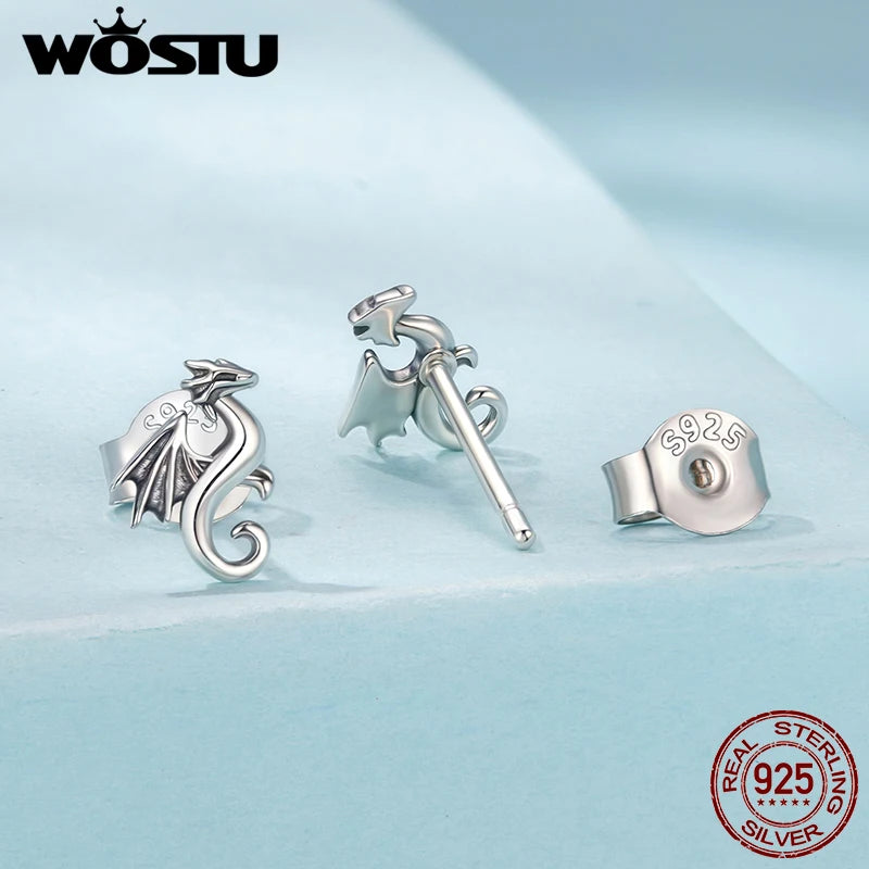 WOSTU 925 Sterling Silver Mini Dragon Piercing Dinosaur Earrings Stud 18k Gold Cute Novelty for Women Birthday Fine Jewelry Gift