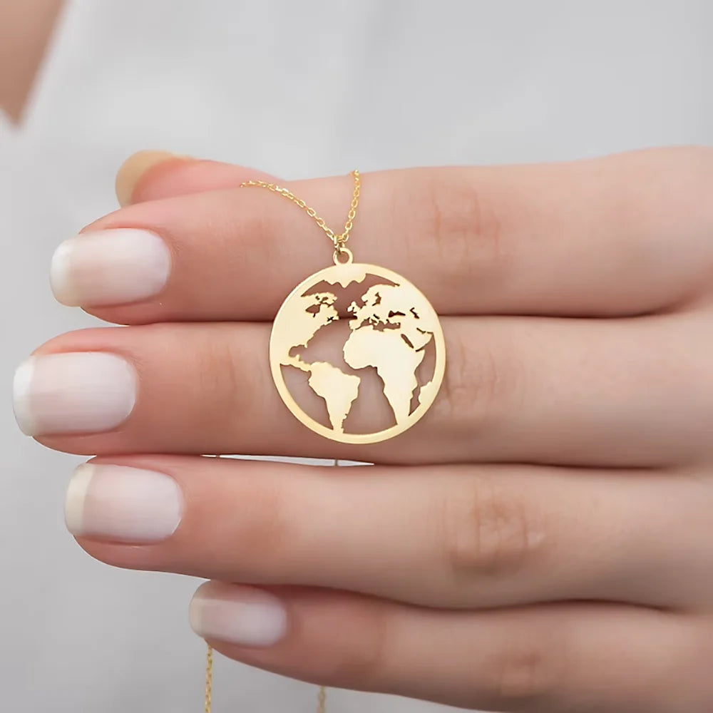 Stainless Steel Necklace World Map Pendant Necklaces Globe Charm Boho Jewelry For Women Wanderlust Earth Choker Travel Gifts