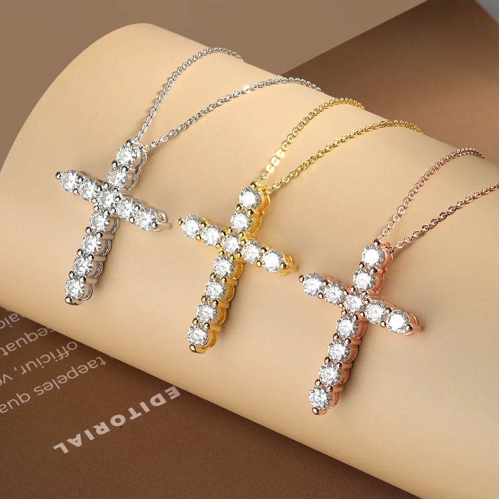 3mm Gold Color Moissanite Cross Necklace for Women Men Gift Sparkling Lab Diamond Pendant Necklace S925 Sterling Silver Jewelry
