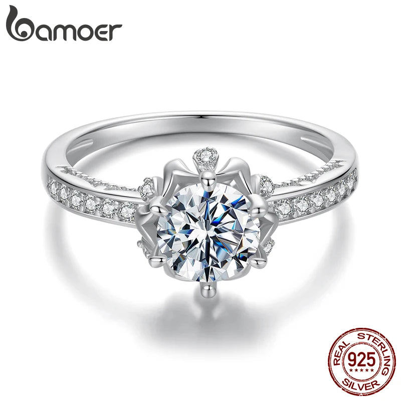 BAMOER D Farbe VVS1 EX Moissanit Blumenring 1ct Runder Moissanit Diamant Solitär Verlobungsring aus 925 Sterlingsilber für Frauen