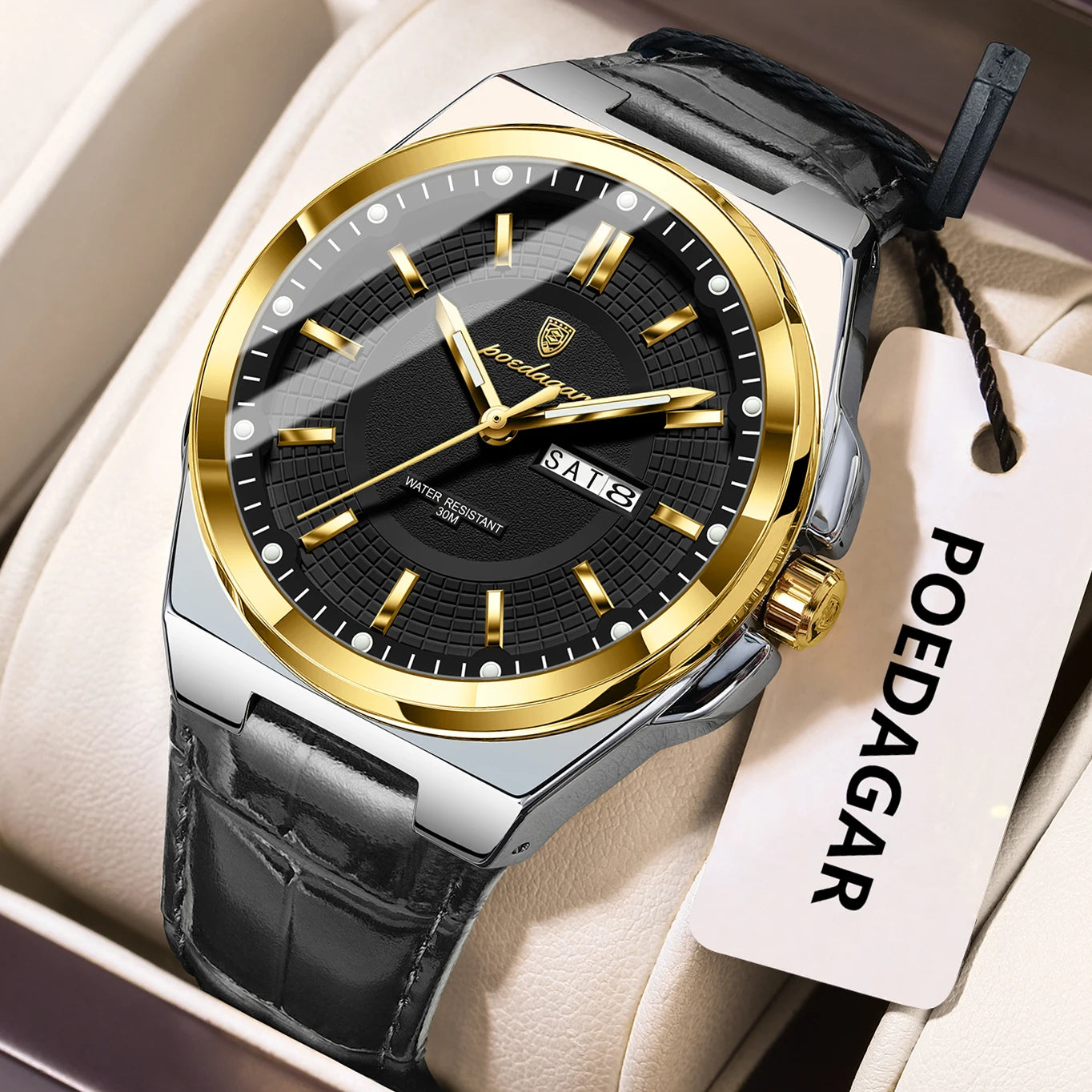 POEDAGAR Luxury Original Man Wristwatch Waterproof Luminous Date Week Quartz Men's Watches High Quality Casual Leather Men Watch