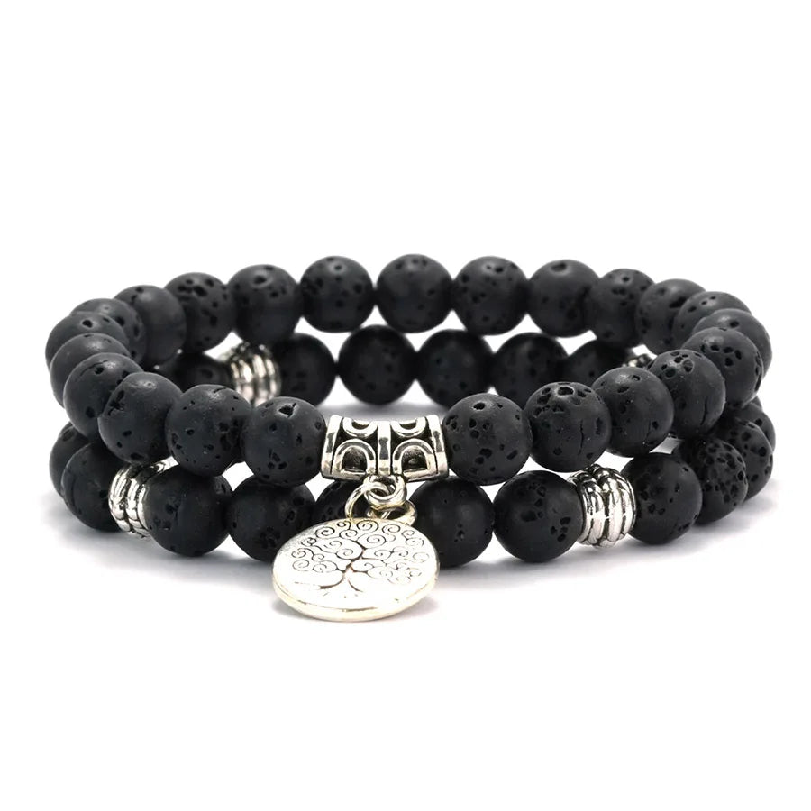 Handmade 2Pcs Men Bracelet Set Tree Of Life Braslet 8mm Lava Howlite Stone Strand Braclet Yoga Meditation Healing Jewelry Homme