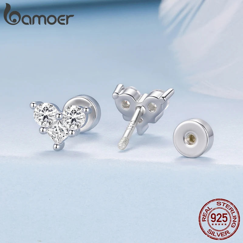BAMOER 925 Sterling Silver Heart-Shape Stud Earrings Mini 3 Stones Arranged Shining CZ Earrings for Women Teens Girl Party Gift