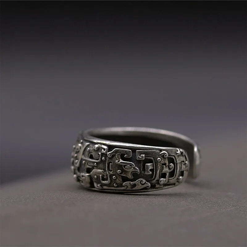 Retro Taotie Chinese Mythology Ring For Men Silver Color Punk Gothic Adjustable Ring Handmade Unisex Jewelry Accessories Gift