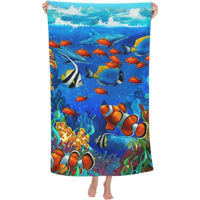 Ultra-Soft Polyester Beach Towel, 27.5x55 inch, Tropical Fish and Coral Print, Ideal for Sports, Spa, Yoga, Hotel Gym