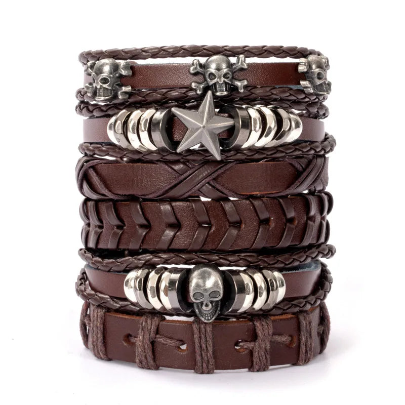 Fashion Black Skull Multi-layer Beaded Hand Leather Bracelet for Men Set Adjustable DIY Leather Winding Hand Rope