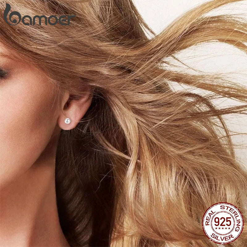 BAMOER 925 Sterling Silver Charm Pearl Beads Stud Earrings For Women Trendy Mini Ball Earrings Fine Jewelry for Daily Wear