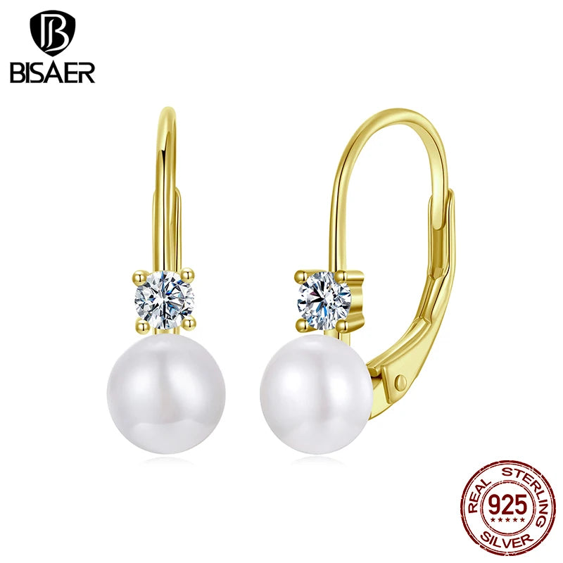 BISAER Moissanite Freshwater Pearl Earrings Soli 925 Sterling Silver for Women Round Cut Lab Diamond Wedding Party Fine Jewelry
