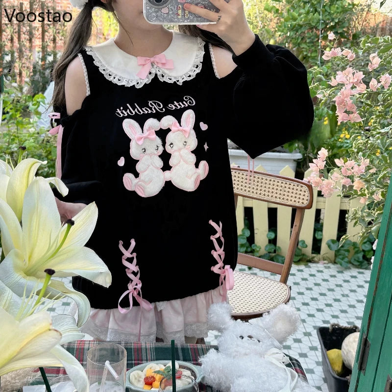 Japanese Sweet Lolita Style Skirt Sets Women Kawaii Bow Cartoon Bunny Off Shoulder Hoodie Cake Mini Skirt Suit Cute Y2k Outifits