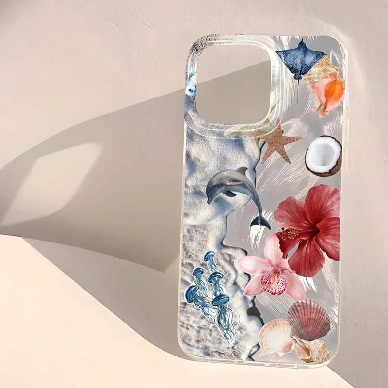 Case For iPhone 17 16 15 Pro Max Air 16E 14 13 12 11 XS XR Summer Pink Flower Starfish Pattern Case For iPhone 7 8Plus SE2 Cover