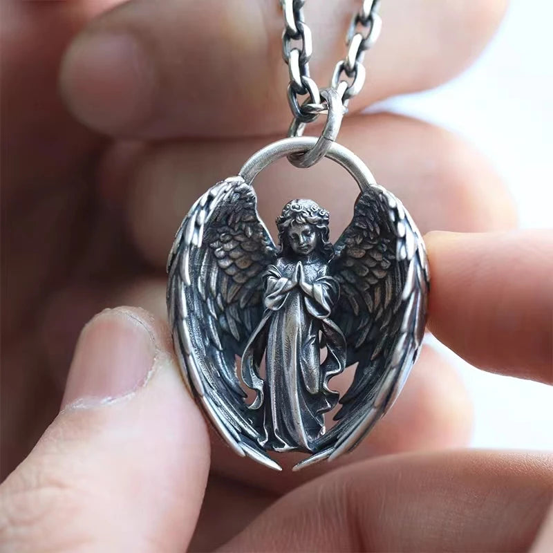 Classic Silver Plated Praying Angel Wings Pendant Necklace Men Women Fashion Protection Amulet Jewelry Birthday Gift