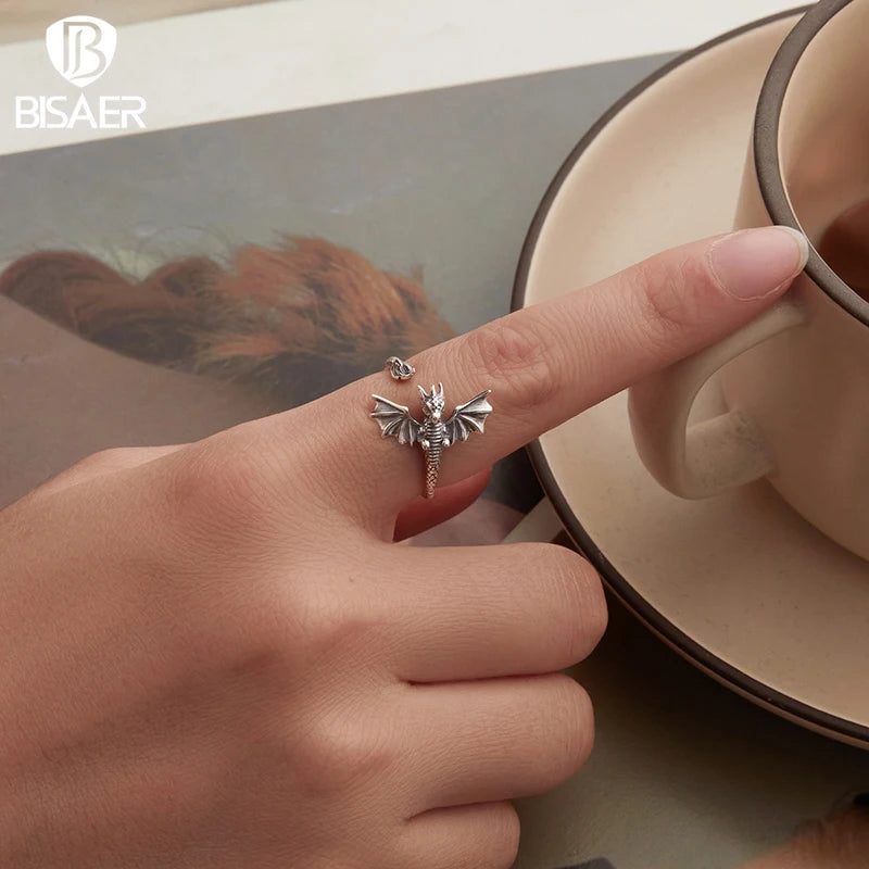 Bague ouverte BISAER en argent sterling 925, motif dragon volant, style rétro 3D, taille ajustable 5 à 9, pour femme, bijou de soirée raffiné.