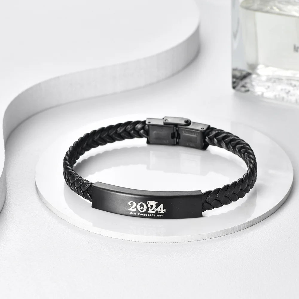 MKENDN Personalized Custom Name Stainless Steel Jewelry Braided Leather Bangle Gift for You And Your Loved One Also Your Parents