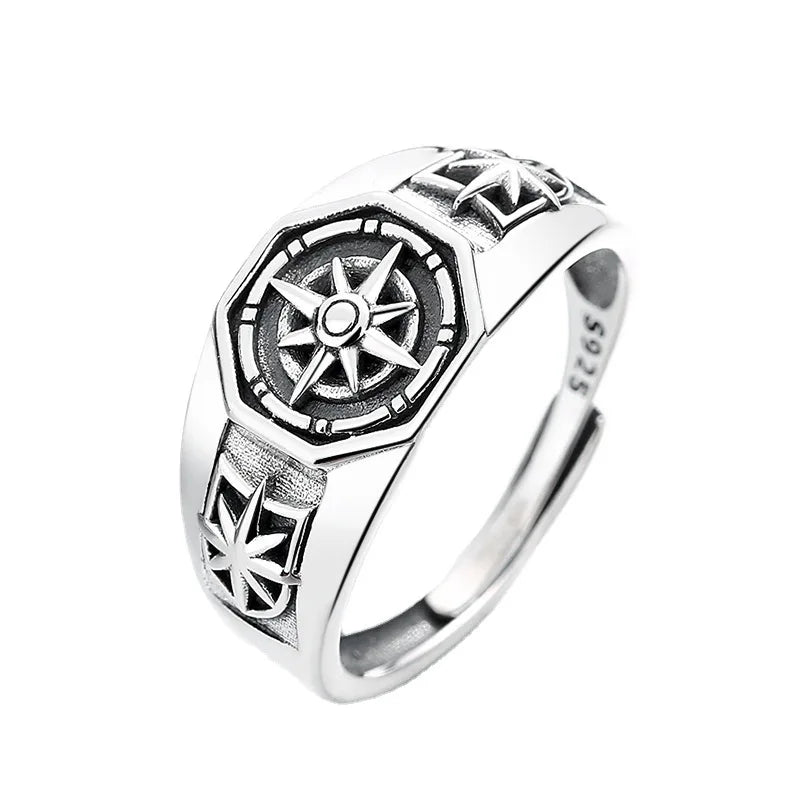 Retro Poseidon Compass Ring Silver-Plated Hexagram Opening Adjustable Ring Men and Women Hip-Hop Trend Jewelry Gift