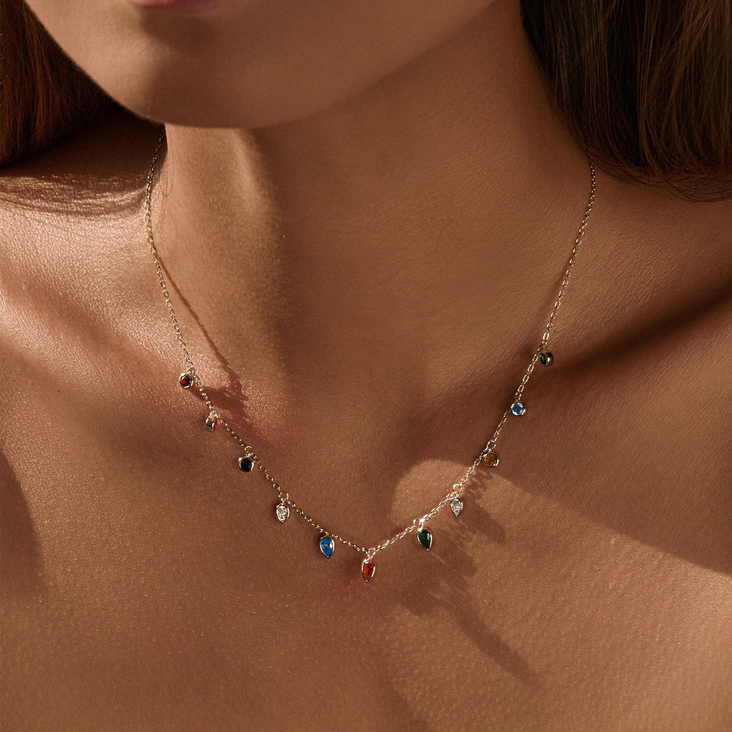 MODIAN 925 Sterling Silver Colorful Round CZ Charm Stackable Choker Necklace Water Drop Pendant Necklace For Women Fine Jewelry