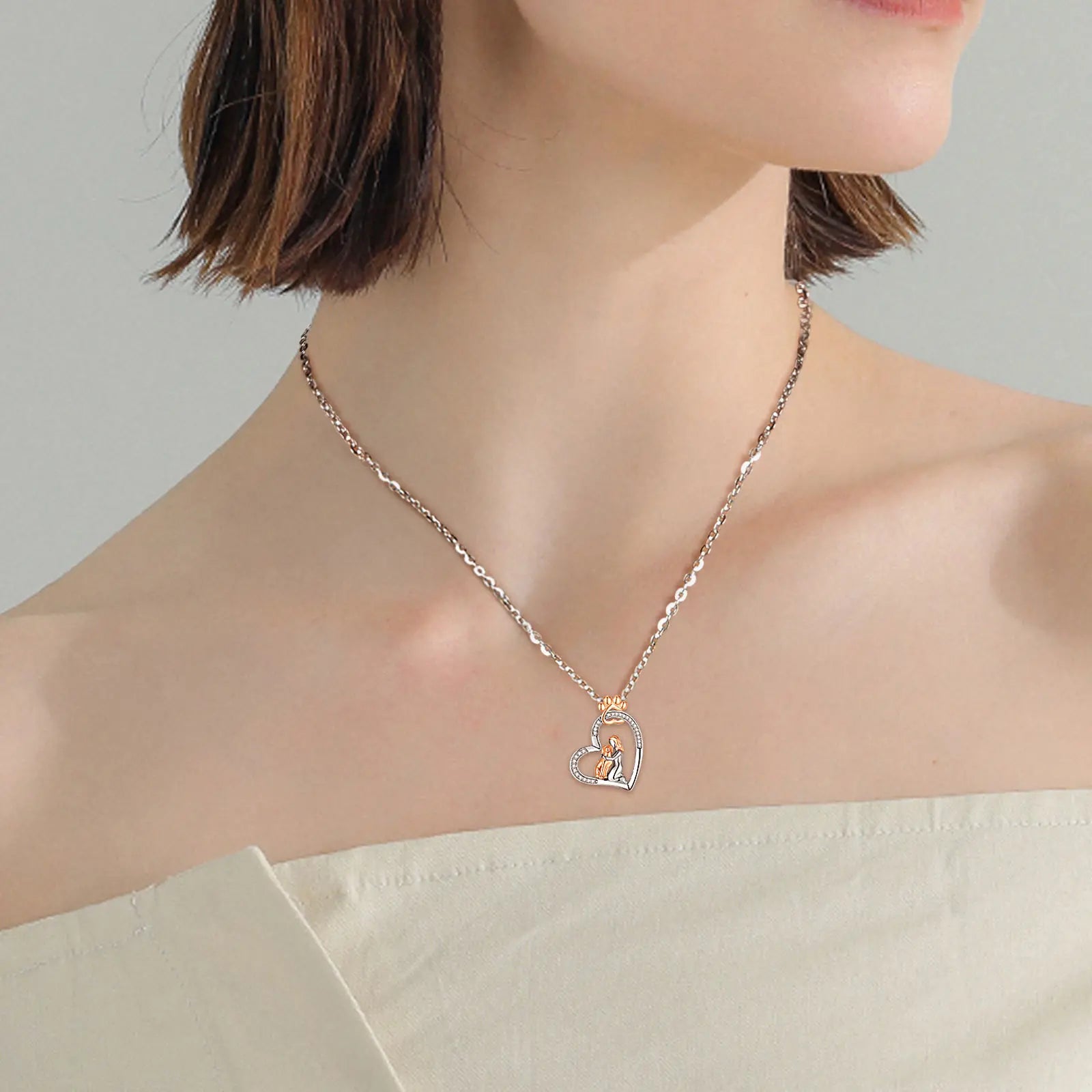 Eudora Original 925 Sterling Silver Women And Dog Necklace Temperament Heart Zircon Rose Gold Dog Footprint Pendant Jewelry Gift