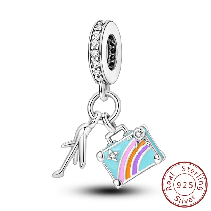 Original Charms Pendant Real S925 Sterling Silver Travel Luggage Airplane Charms Beads for Women Fine Jewelry Gift Making