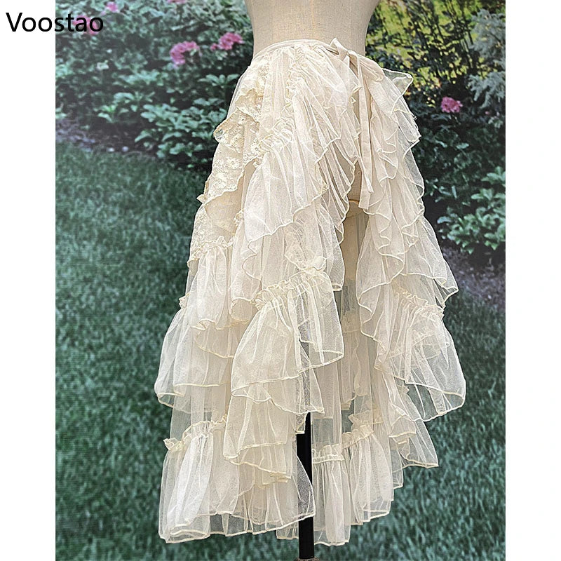 Sweet Lolita Style Double Layer Lace Asymmetrical Ruffles Skirts Women Summer Mesh Cute Curtain Sheer Cover Up Thin Long Skirt