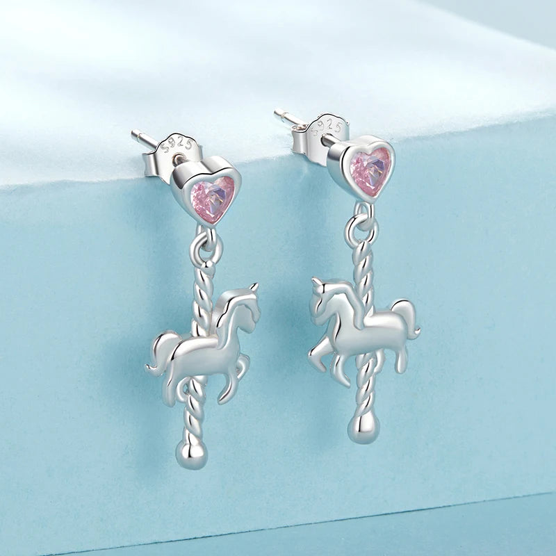 WOSTU 925 Sterling Silver Lovely Girl Birthday Jewelry Pink Heart Carousel Stud Earrings Studs Gift For Daugter Family CQE1857