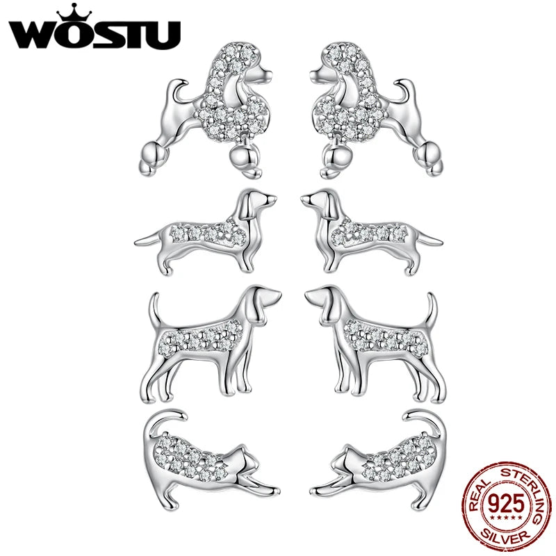 WOSTU 925 Sterling Silver Mini AAA Zircon Pet Cat Dog Stud Earrings For Women Lovely Poodle Dachshund Animal Studs Family Gift