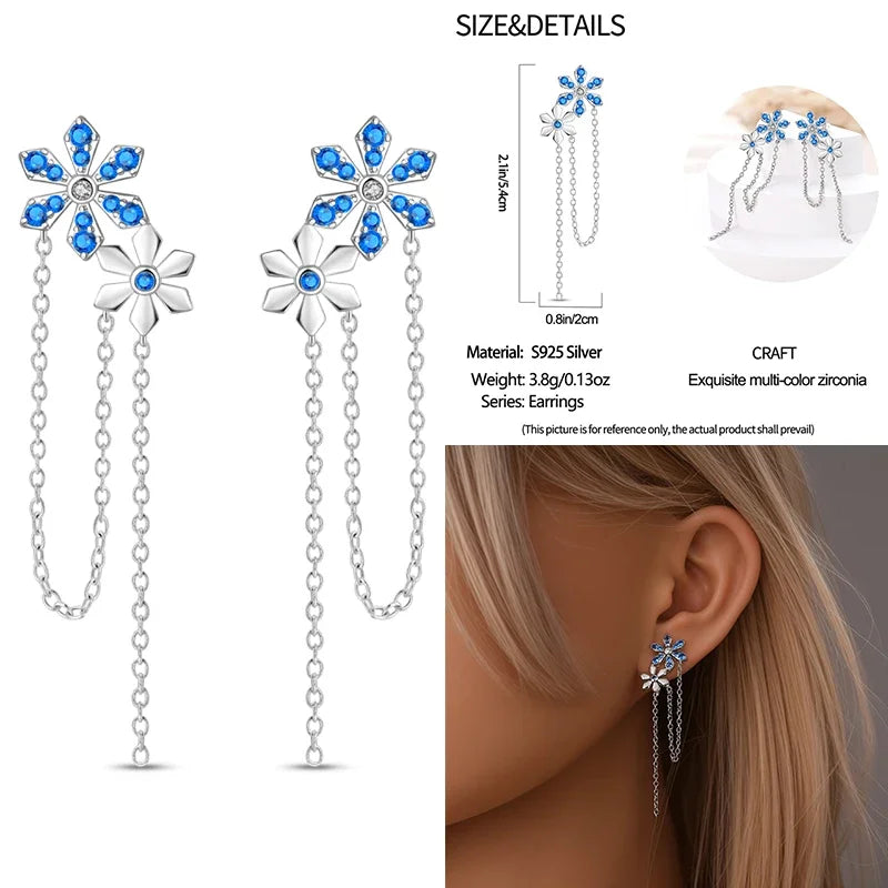 925 Sterling Silver Christmas Blue Snowflakes Tassel Diamond Earrings Red Bow for Women Creative Jewelry Christmas Themed Gifts